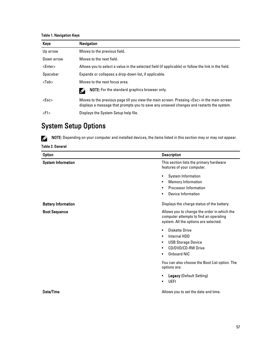 System setup options | Dell Precision M4700 (Mid 2012) User Manual | Page 57 / 83