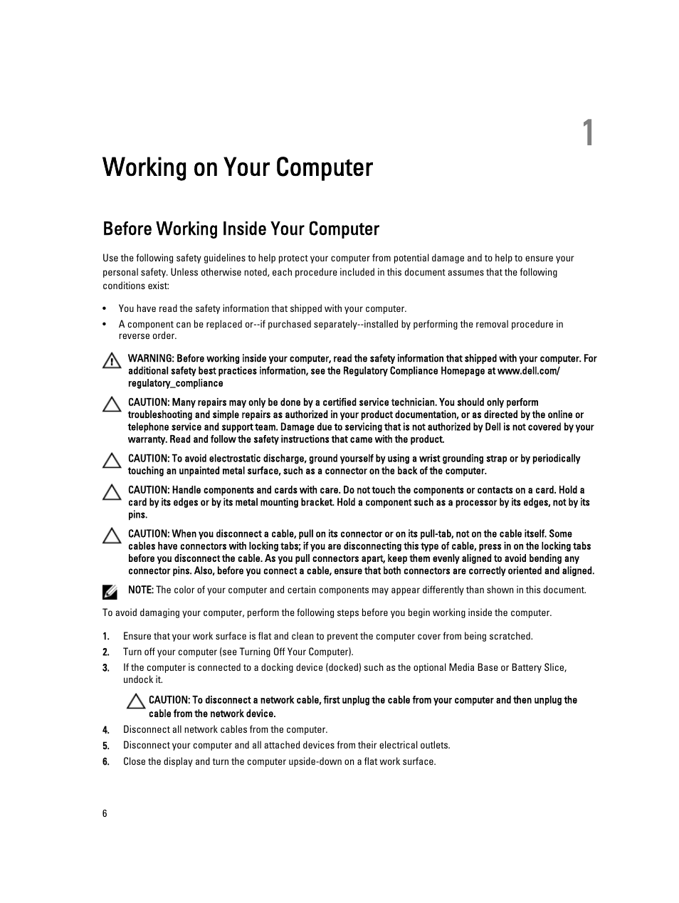 Working on your computer, Before working inside your computer, 1 working on your computer | Dell Precision M4700 (Mid 2012) User Manual | Page 6 / 83
