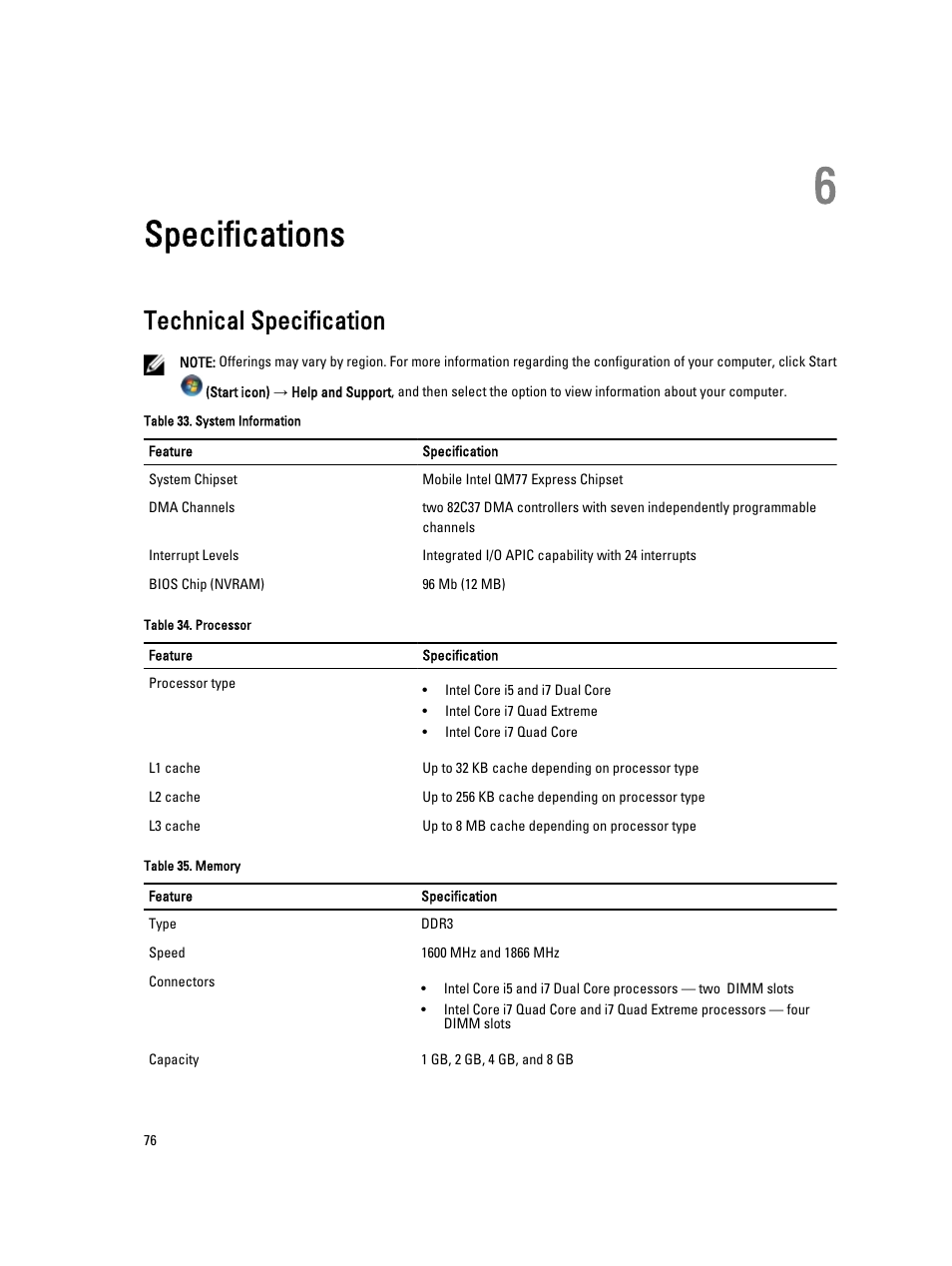 Specifications, Technical specification, 6 specifications | Dell Precision M4700 (Mid 2012) User Manual | Page 76 / 83