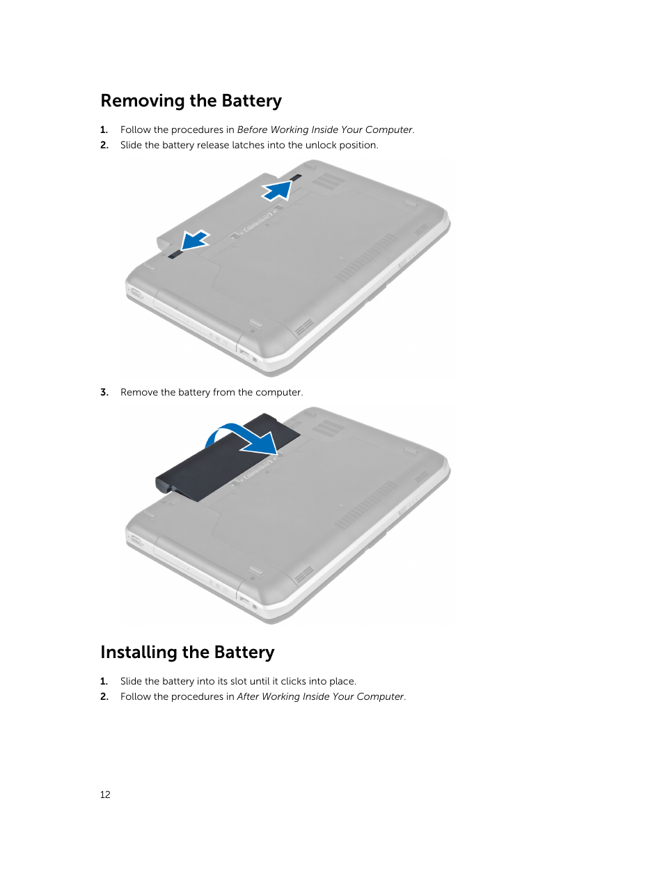 Removing the battery, Installing the battery | Dell Latitude E5530 (Mid 2012) User Manual | Page 12 / 81