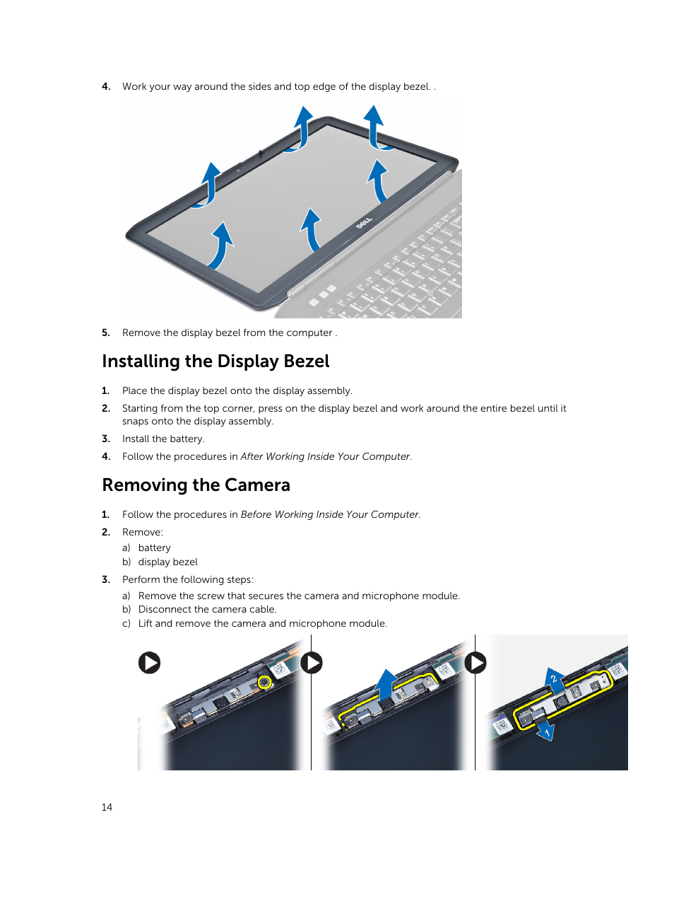 Installing the display bezel, Removing the camera | Dell Latitude E5530 (Mid 2012) User Manual | Page 14 / 81