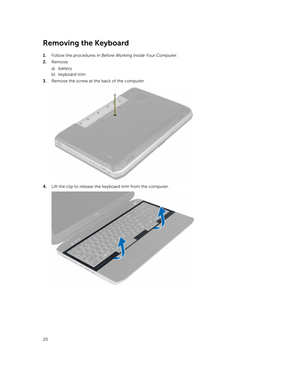 Removing the keyboard | Dell Latitude E5530 (Mid 2012) User Manual | Page 20 / 81