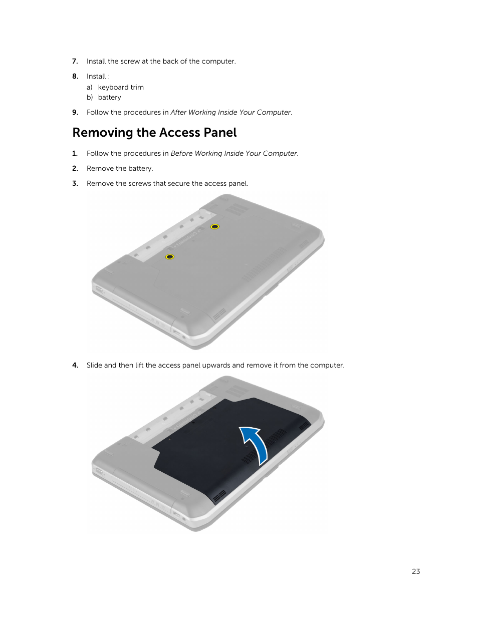 Removing the access panel | Dell Latitude E5530 (Mid 2012) User Manual | Page 23 / 81