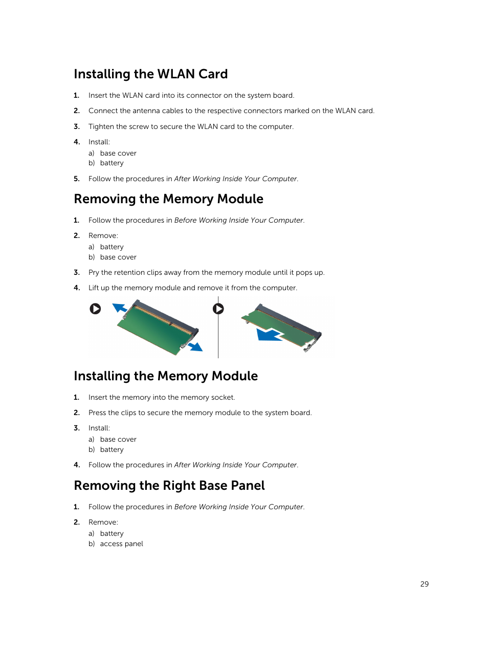 Installing the wlan card, Removing the memory module, Installing the memory module | Removing the right base panel | Dell Latitude E5530 (Mid 2012) User Manual | Page 29 / 81