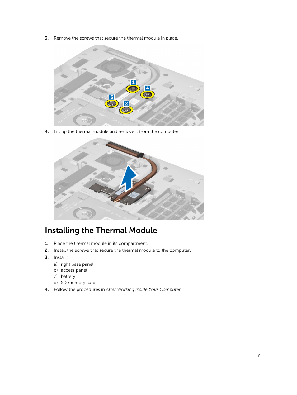 Installing the thermal module | Dell Latitude E5530 (Mid 2012) User Manual | Page 31 / 81