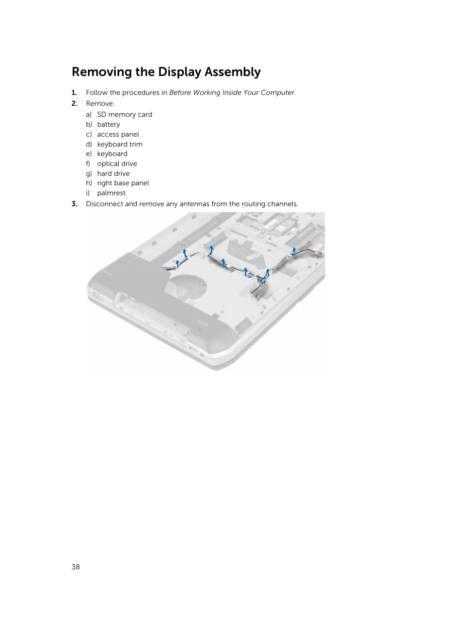 Removing the display assembly | Dell Latitude E5530 (Mid 2012) User Manual | Page 38 / 81