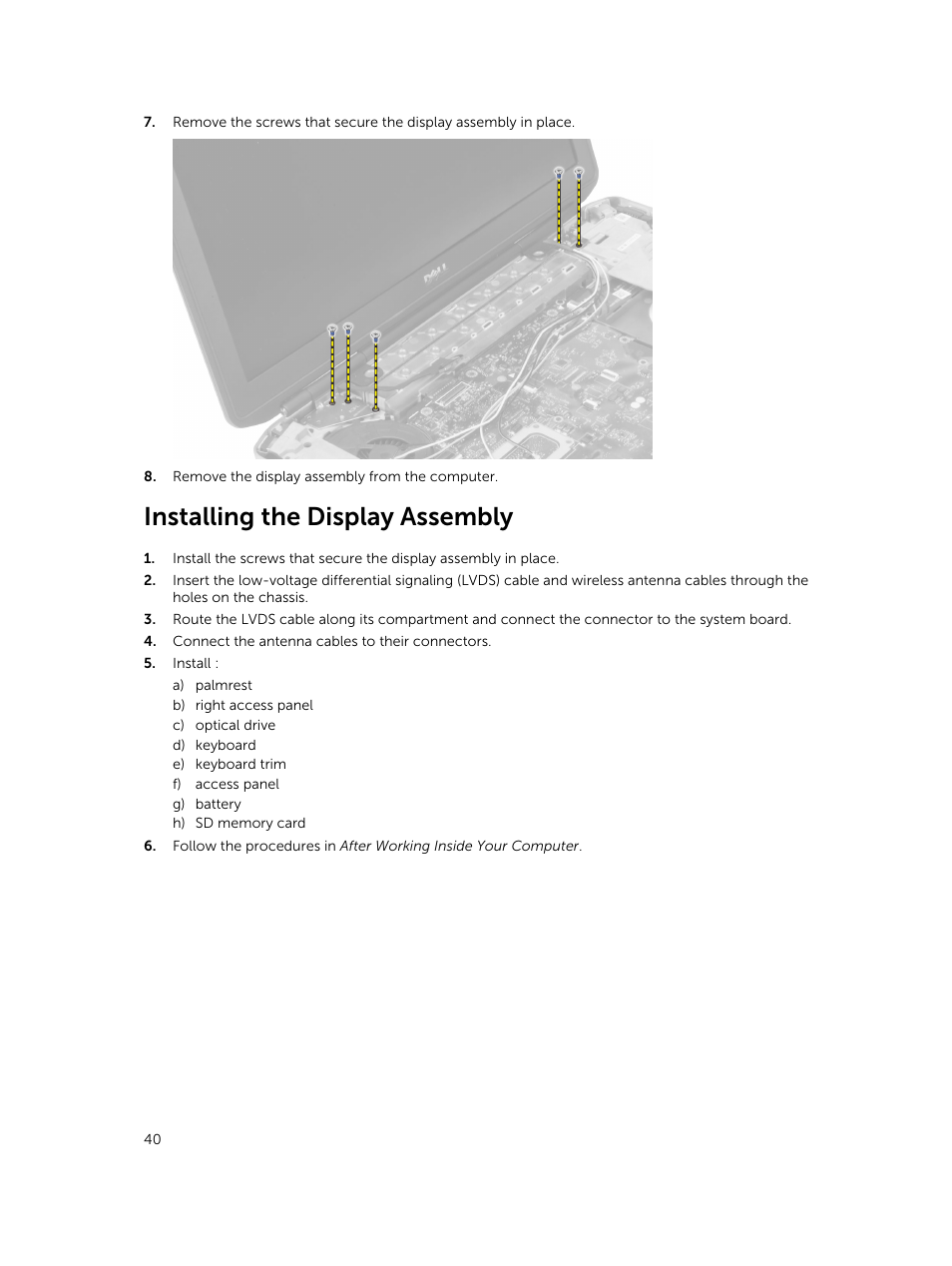 Installing the display assembly | Dell Latitude E5530 (Mid 2012) User Manual | Page 40 / 81