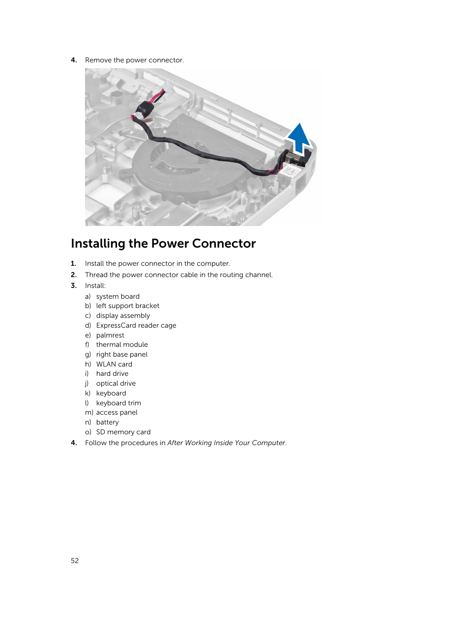 Installing the power connector | Dell Latitude E5530 (Mid 2012) User Manual | Page 52 / 81