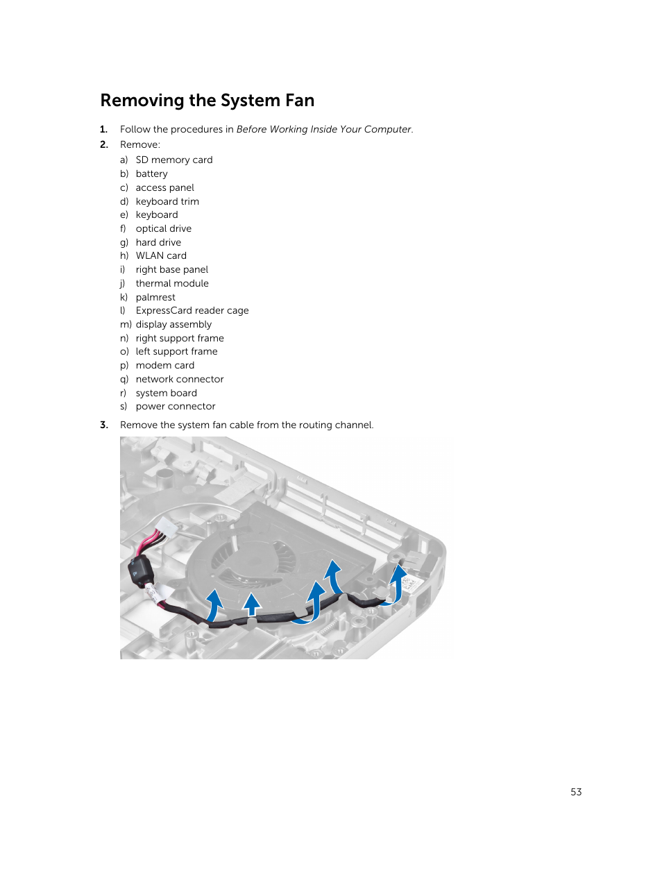 Removing the system fan | Dell Latitude E5530 (Mid 2012) User Manual | Page 53 / 81
