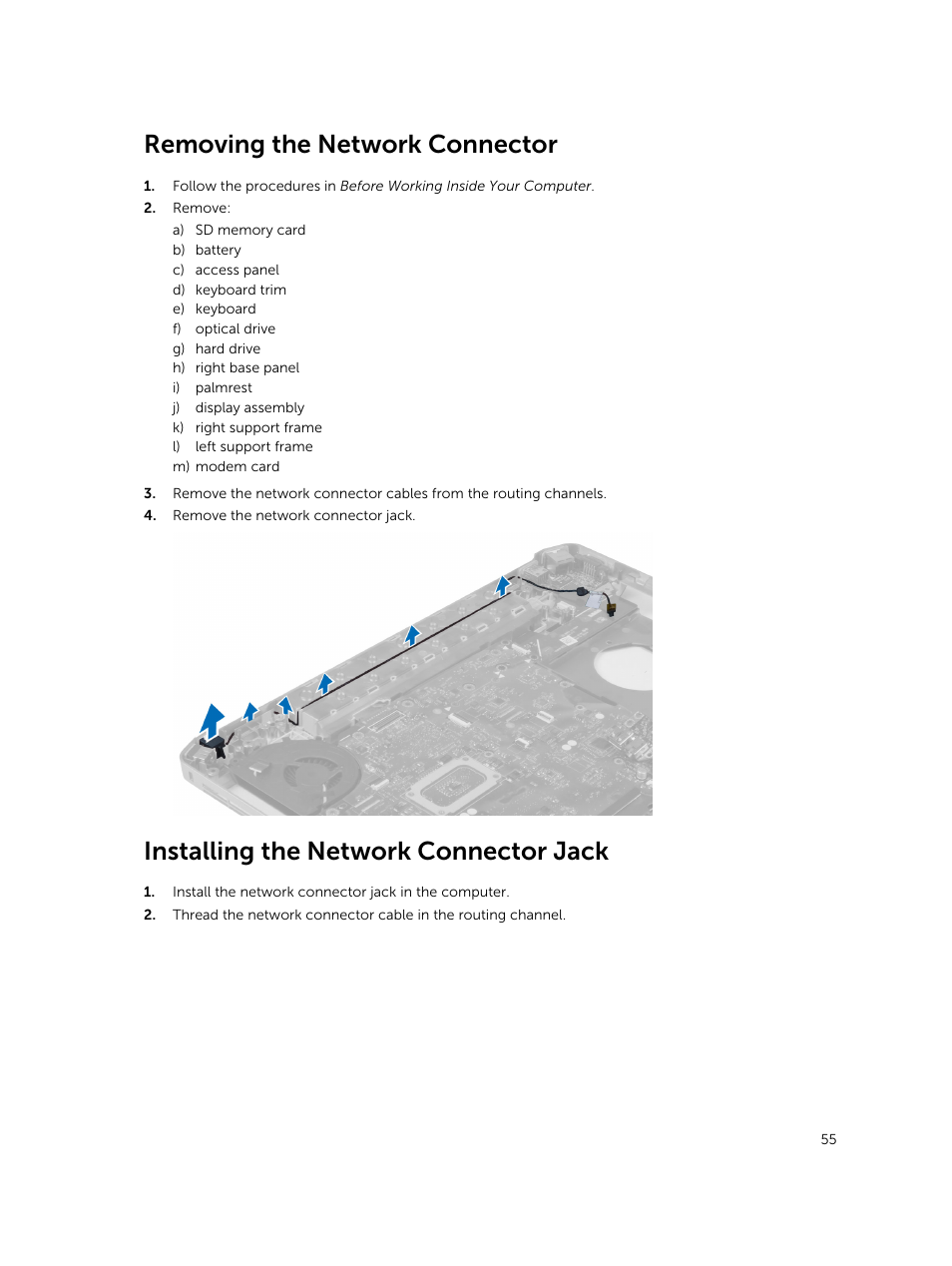 Removing the network connector, Installing the network connector jack | Dell Latitude E5530 (Mid 2012) User Manual | Page 55 / 81