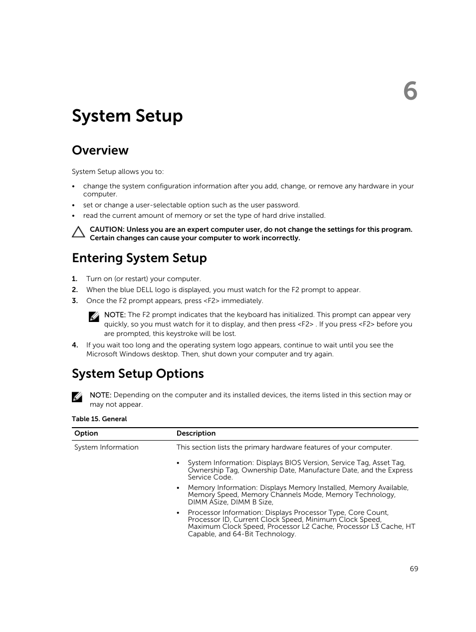 System setup, Overview, Entering system setup | System setup options, 6 system setup | Dell Latitude E5530 (Mid 2012) User Manual | Page 69 / 81