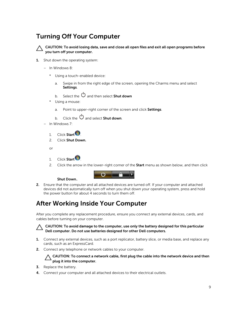 Turning off your computer, After working inside your computer | Dell Latitude E5530 (Mid 2012) User Manual | Page 9 / 81