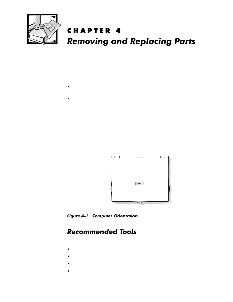 Removing and replacing parts, Recommended tools, Kdswhu | 5hprylqjdqg5hsodflqj3duwv, Recommended tools -1, Figure 4-1, Computer orientation -1, 5hfrpphqghg7rrov | Dell Inspiron 3500 User Manual | Page 37 / 106