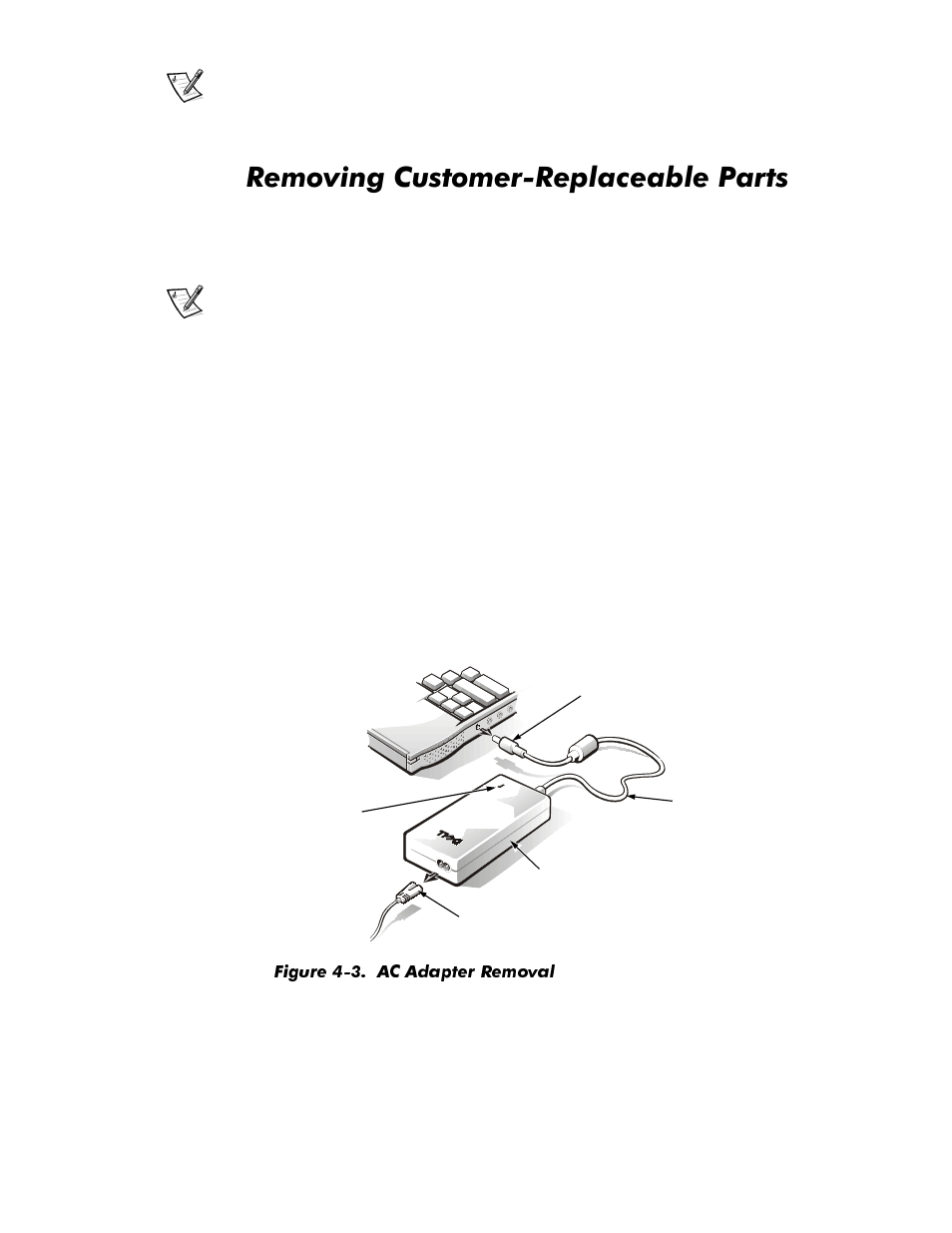 Removing customer-replaceable parts, Removing customer-replaceable parts -4, Figure 4-3 | Ac adapter removal -4, 5hprylqj&xvwrphu5hsodfhdeoh3duwv | Dell Inspiron 3500 User Manual | Page 40 / 106