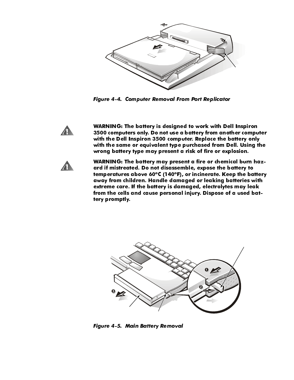 Figure 4-4, Computer removal from port replicator -5, Figure 4-5 | Main battery removal -5 | Dell Inspiron 3500 User Manual | Page 41 / 106