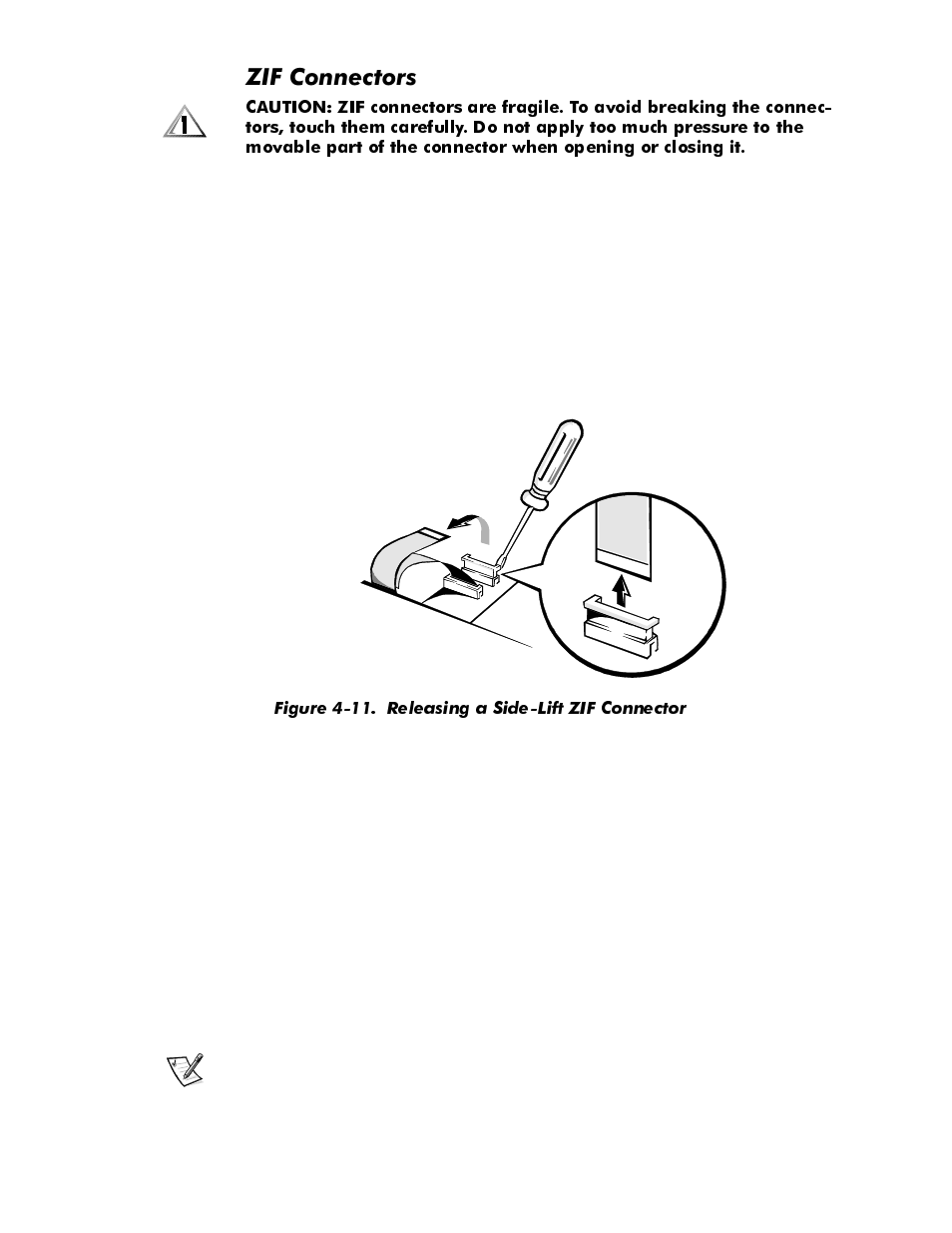 Zif connectors, Zif connectors -10, Figure 4-11 | Releasing a side-lift zif connector -10, Rqqhfwruv | Dell Inspiron 3500 User Manual | Page 46 / 106