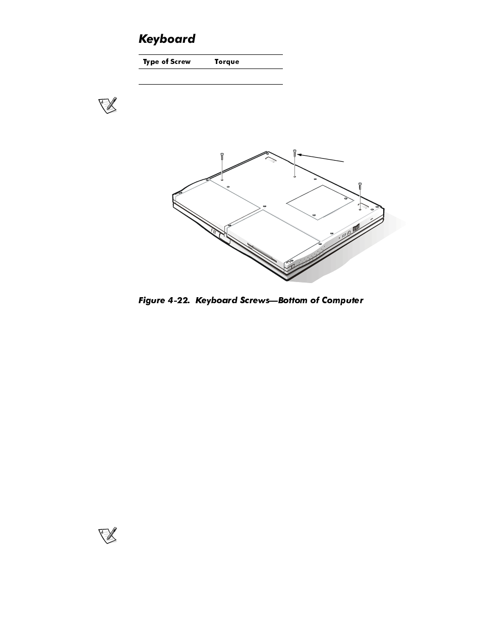 Keyboard, Keyboard -31, Figure 4-22 | Keyboard screws—bottom of computer -31, H\erdug | Dell Inspiron 3500 User Manual | Page 67 / 106