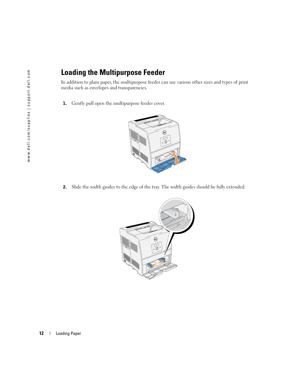 Loading the multipurpose feeder | Dell 3000cn Color Laser Printer User Manual | Page 12 / 82
