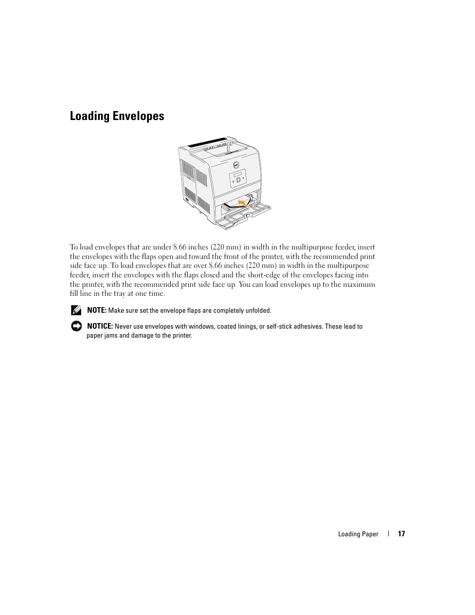 Loading envelopes | Dell 3000cn Color Laser Printer User Manual | Page 17 / 82