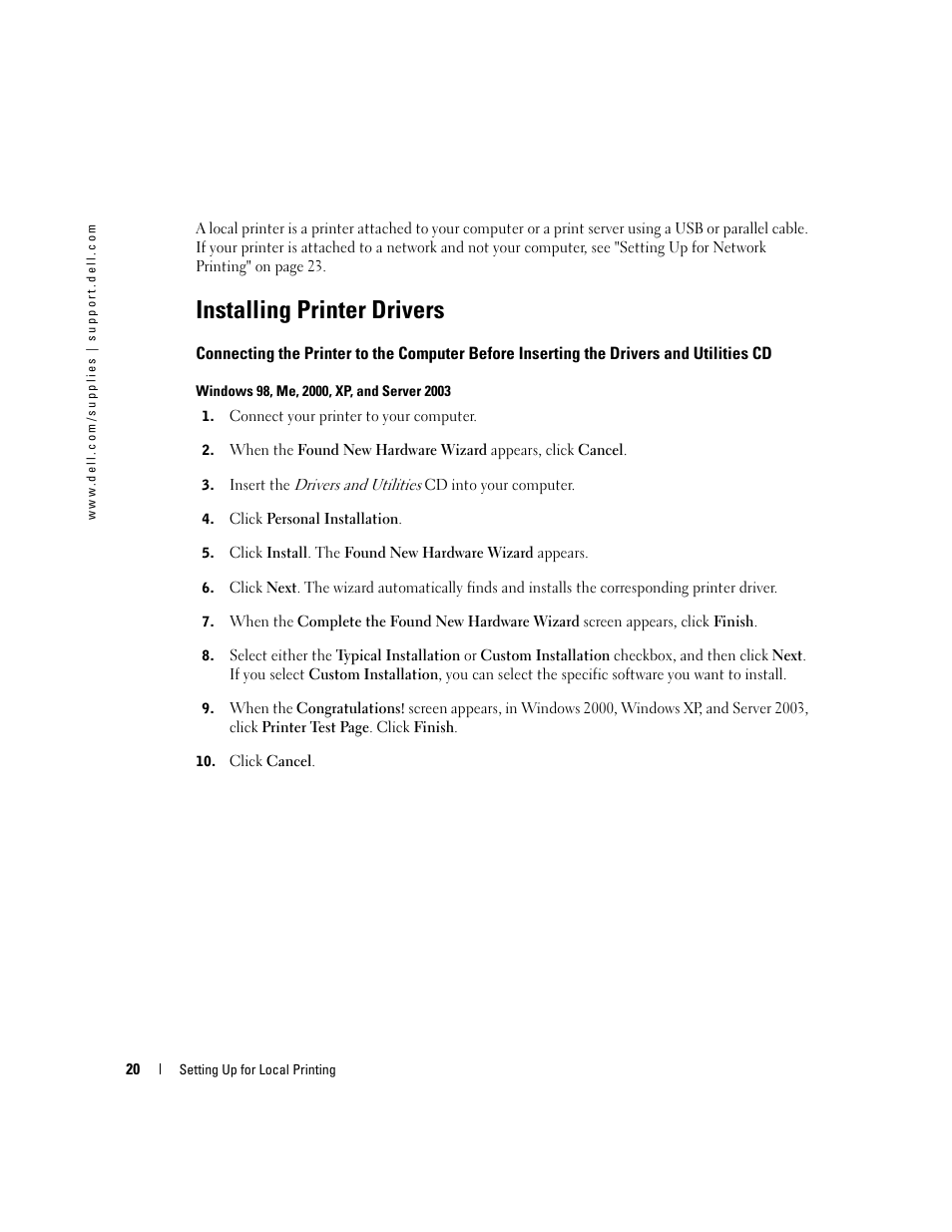 Installing printer drivers, Utilities cd | Dell 3000cn Color Laser Printer User Manual | Page 20 / 82