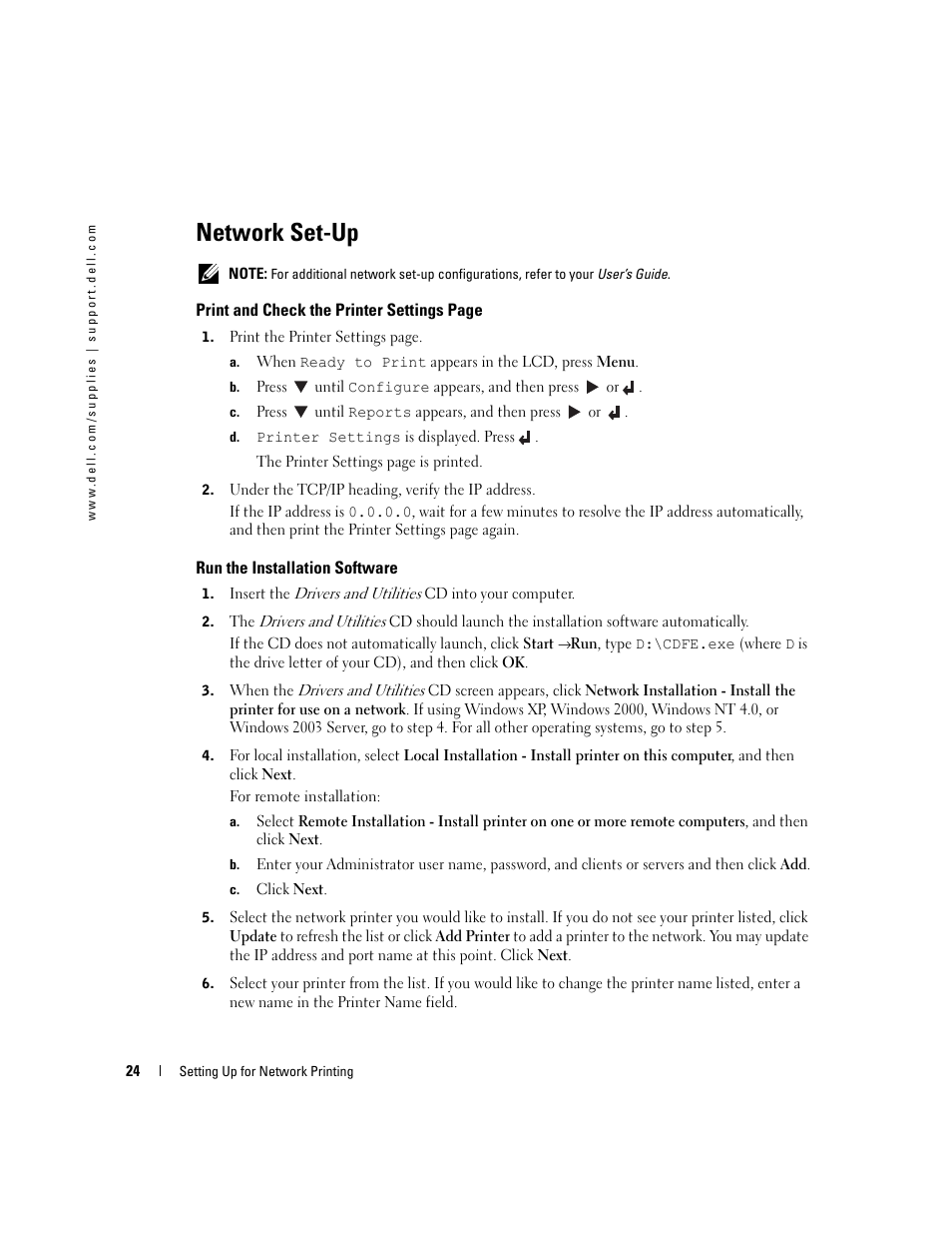 Network set-up, Run the installation software | Dell 3000cn Color Laser Printer User Manual | Page 24 / 82