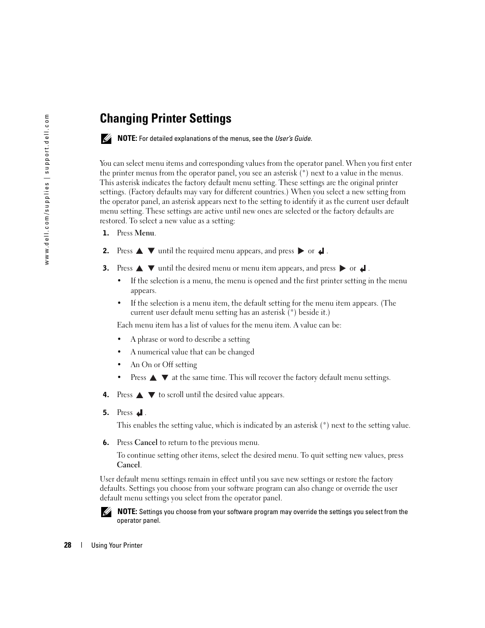 Changing printer settings | Dell 3000cn Color Laser Printer User Manual | Page 28 / 82