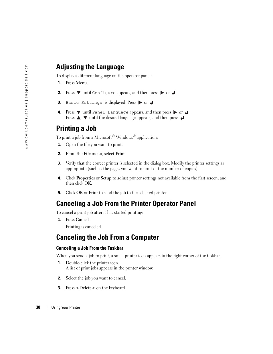 Adjusting the language, Printing a job, Canceling a job from the printer operator panel | Canceling the job from a computer, Canceling a job from the taskbar | Dell 3000cn Color Laser Printer User Manual | Page 30 / 82