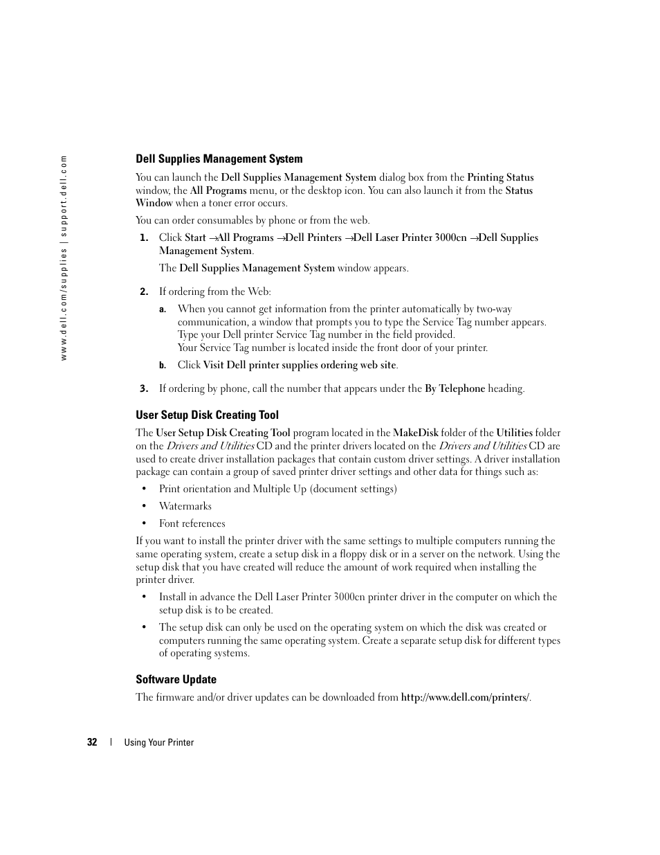 Dell supplies management system, User setup disk creating tool, Software update | Dell 3000cn Color Laser Printer User Manual | Page 32 / 82