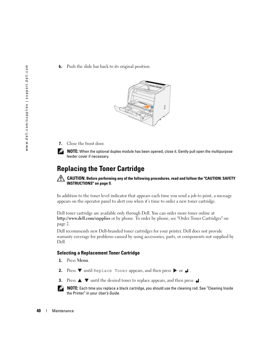 Replacing the toner cartridge, Selecting a replacement toner cartridge | Dell 3000cn Color Laser Printer User Manual | Page 40 / 82