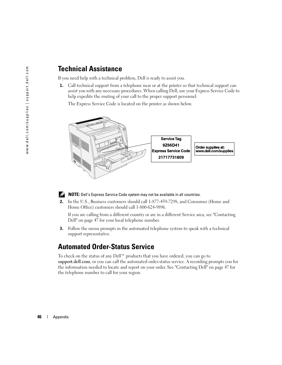 Technical assistance, Automated order-status service | Dell 3000cn Color Laser Printer User Manual | Page 46 / 82