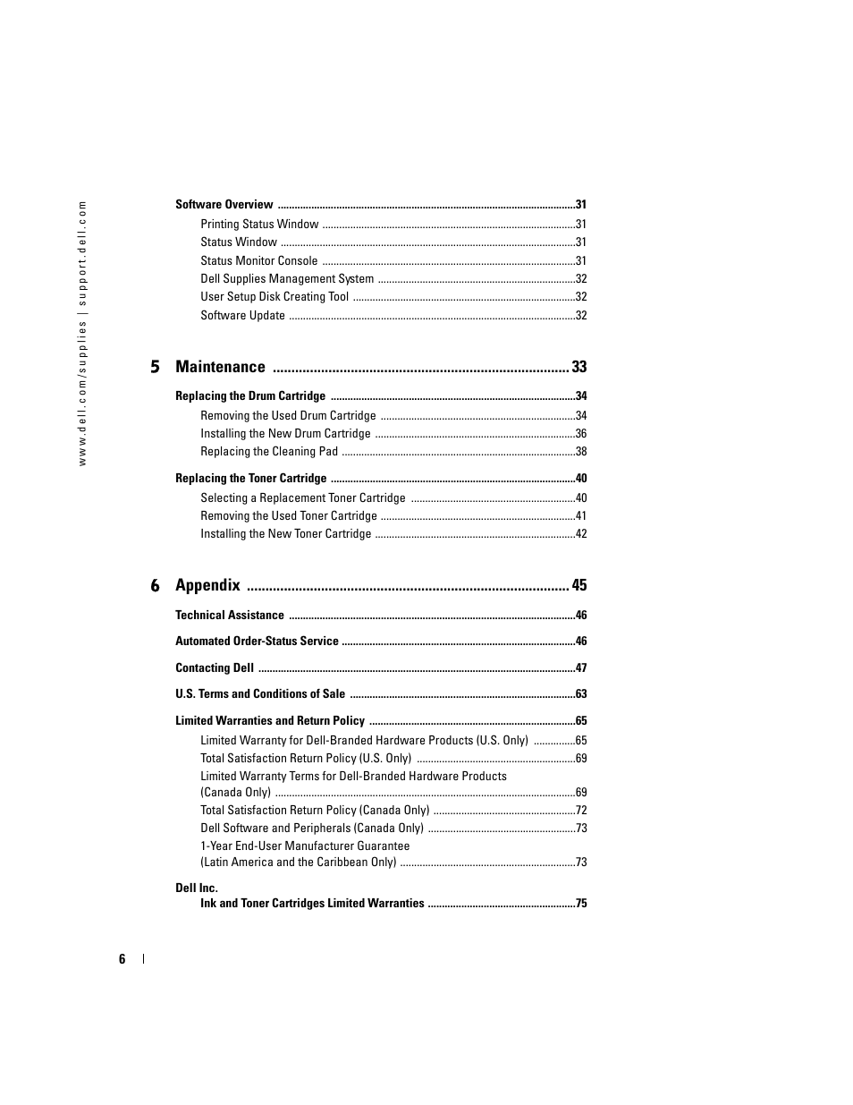 5 maintenance, 6 appendix | Dell 3000cn Color Laser Printer User Manual | Page 6 / 82