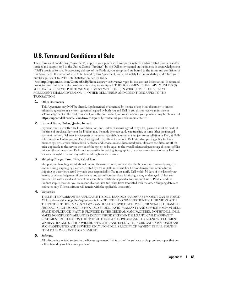 U.s. terms and conditions of sale | Dell 3000cn Color Laser Printer User Manual | Page 63 / 82