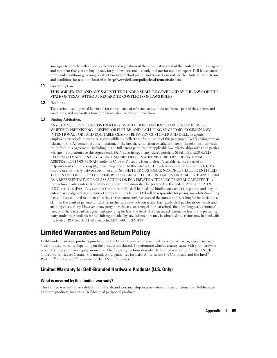 Limited warranties and return policy | Dell 3000cn Color Laser Printer User Manual | Page 65 / 82