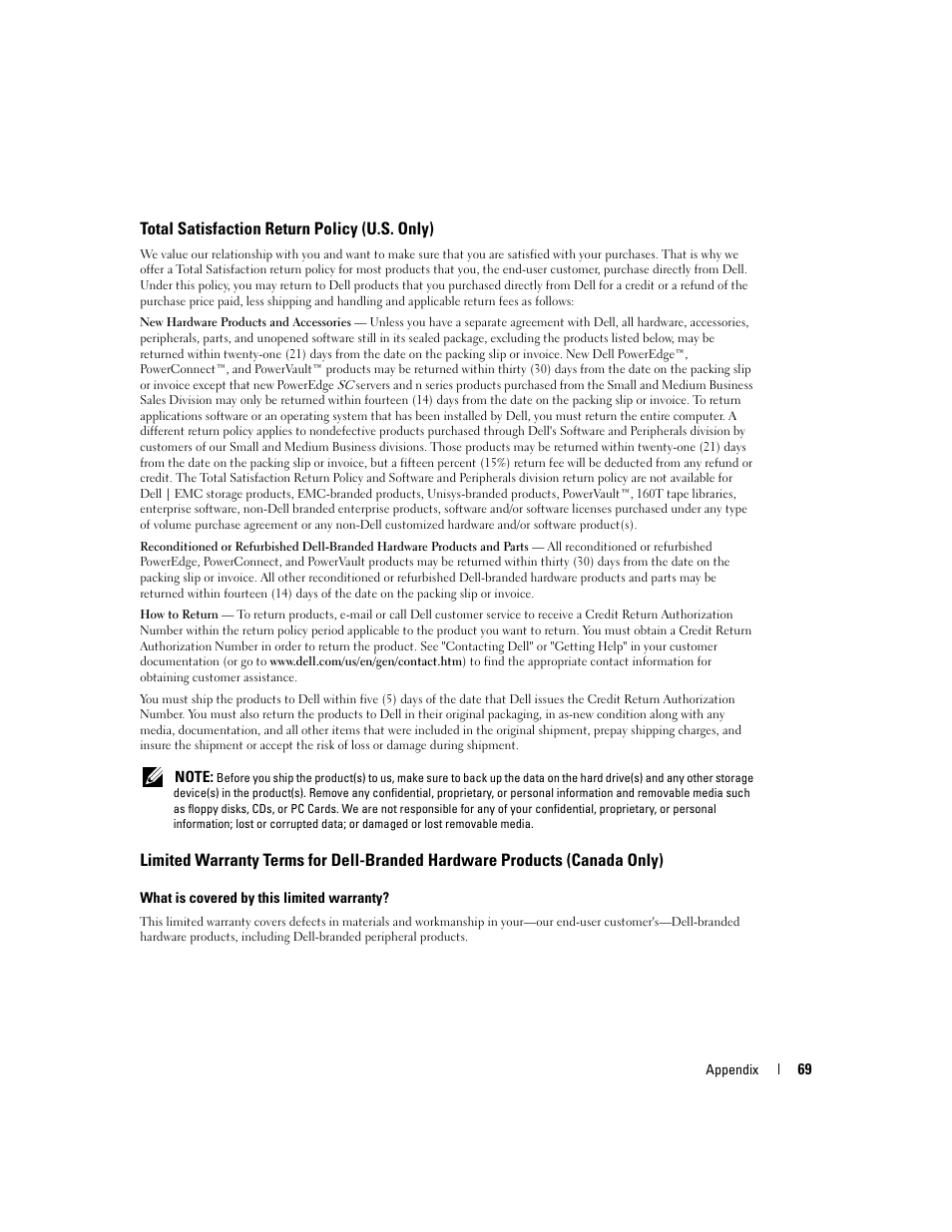Total satisfaction return policy (u.s. only), Canada only) | Dell 3000cn Color Laser Printer User Manual | Page 69 / 82