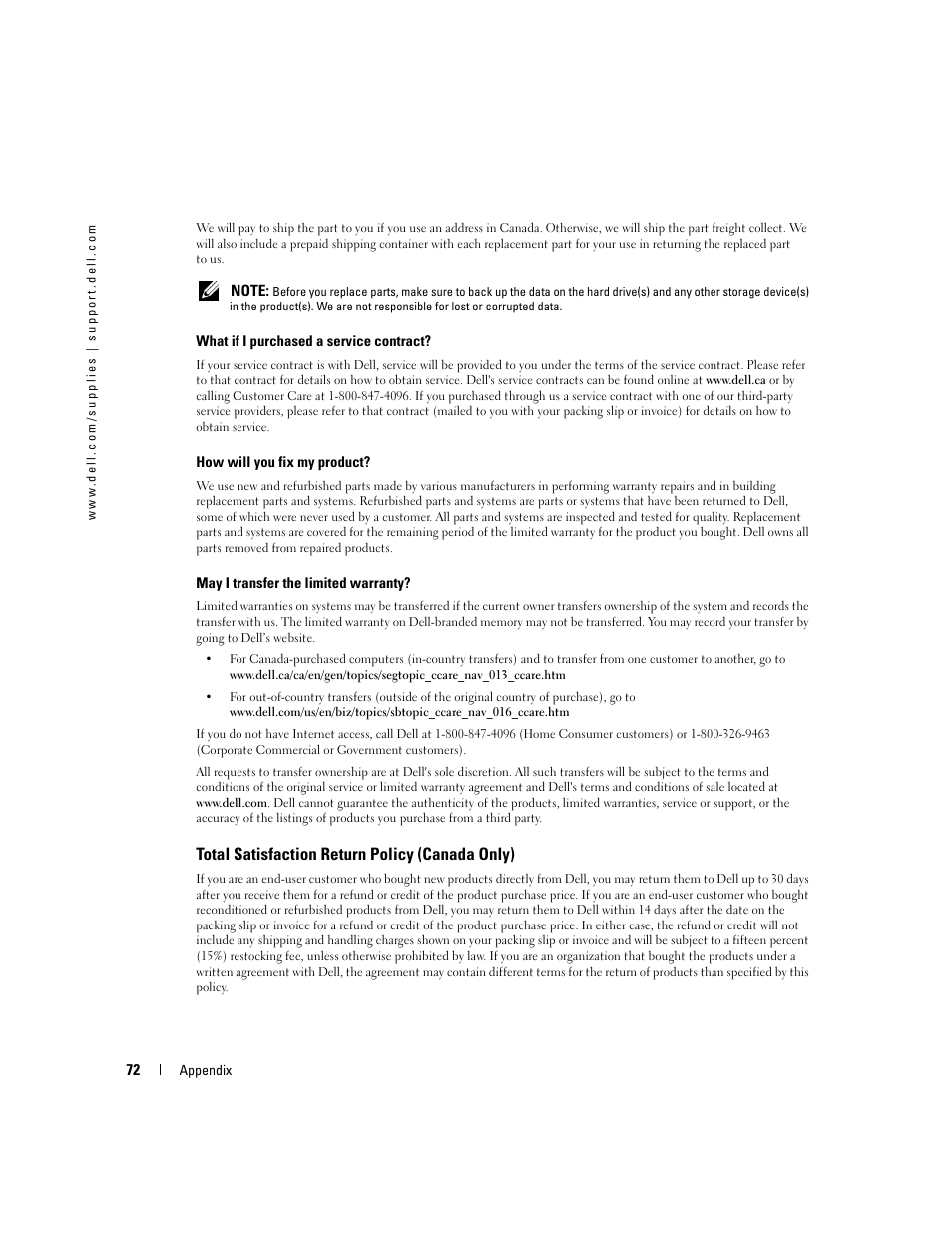 Total satisfaction return policy (canada only) | Dell 3000cn Color Laser Printer User Manual | Page 72 / 82