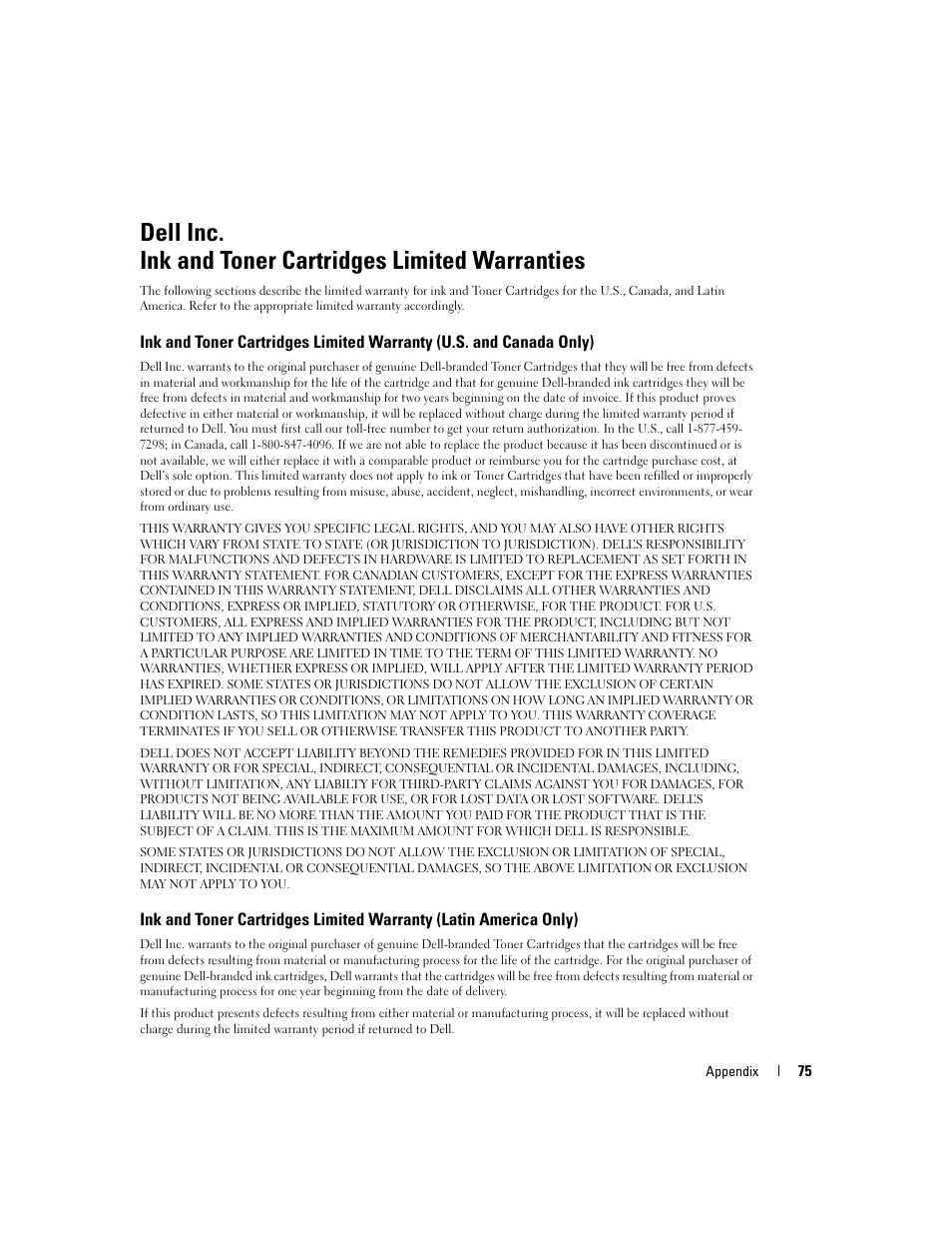 Dell inc, Ink and toner cartridges limited warranties | Dell 3000cn Color Laser Printer User Manual | Page 75 / 82