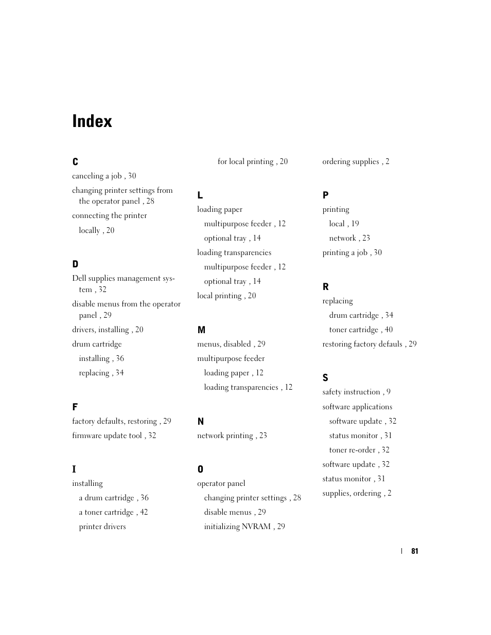 Index | Dell 3000cn Color Laser Printer User Manual | Page 81 / 82