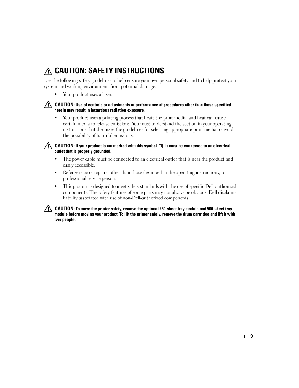 Caution: safety instructions | Dell 3000cn Color Laser Printer User Manual | Page 9 / 82