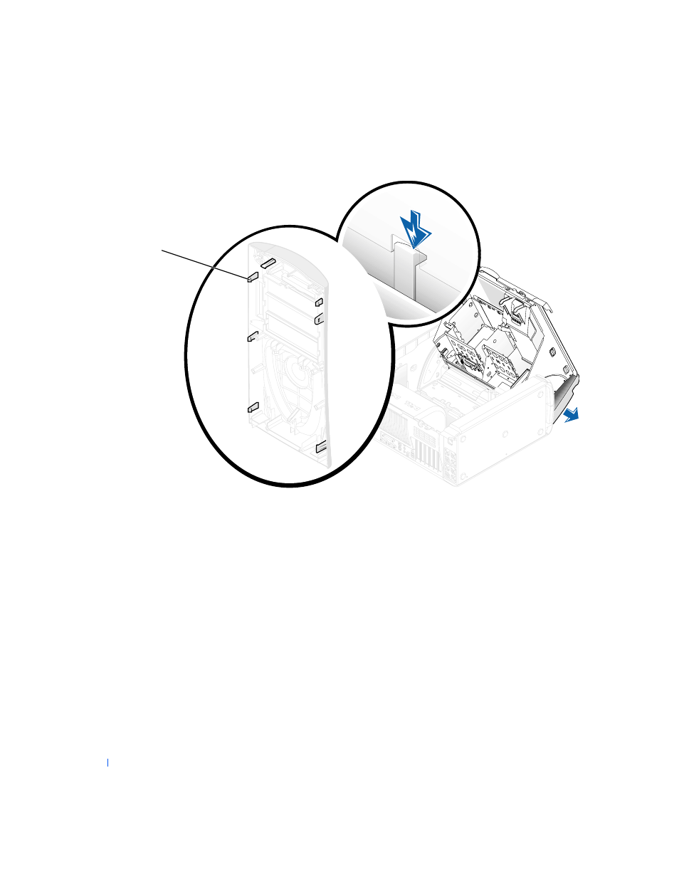 Removing the front panel, 5 pull the panel downward, away from the chassis, Replacing the front panel | Dell PRECISION 530 User Manual | Page 32 / 126