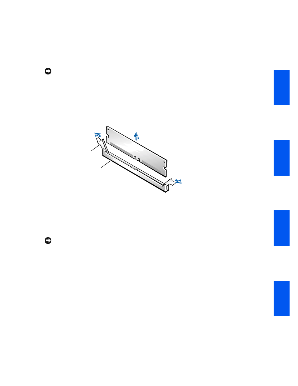 2 lift the module away from the socket, Removing a memory module, Installing a memory module | Dell PRECISION 530 User Manual | Page 49 / 126