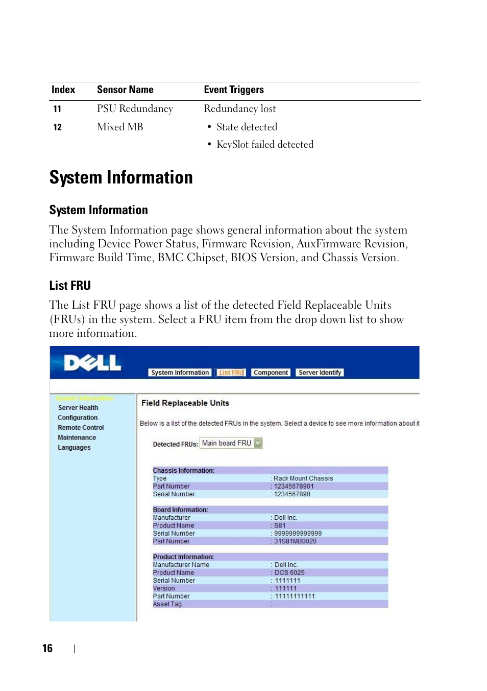 System information, List fru | Dell PowerEdge C5125 User Manual | Page 16 / 56