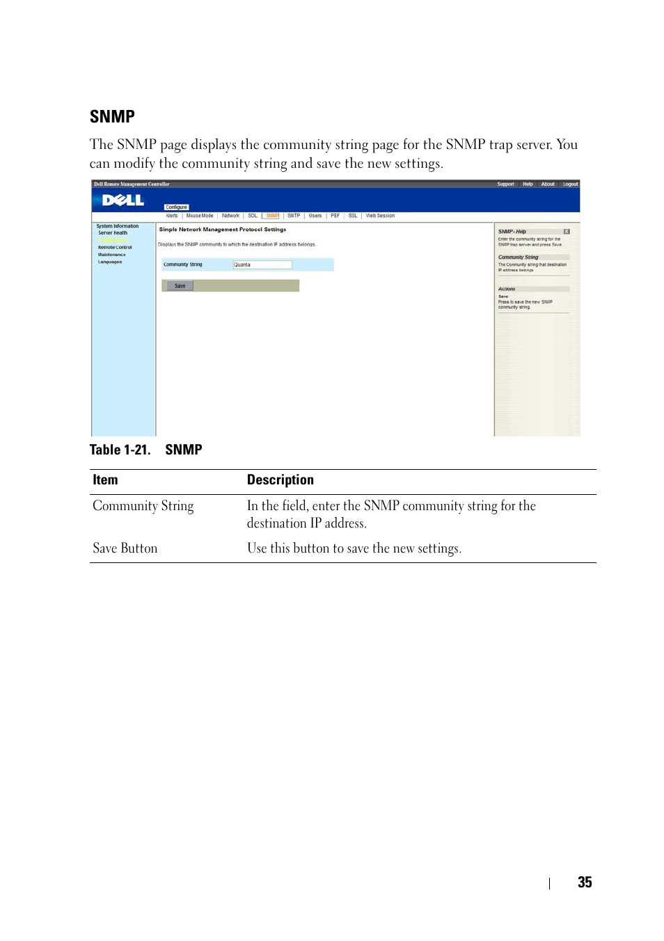 Snmp | Dell PowerEdge C5125 User Manual | Page 35 / 56