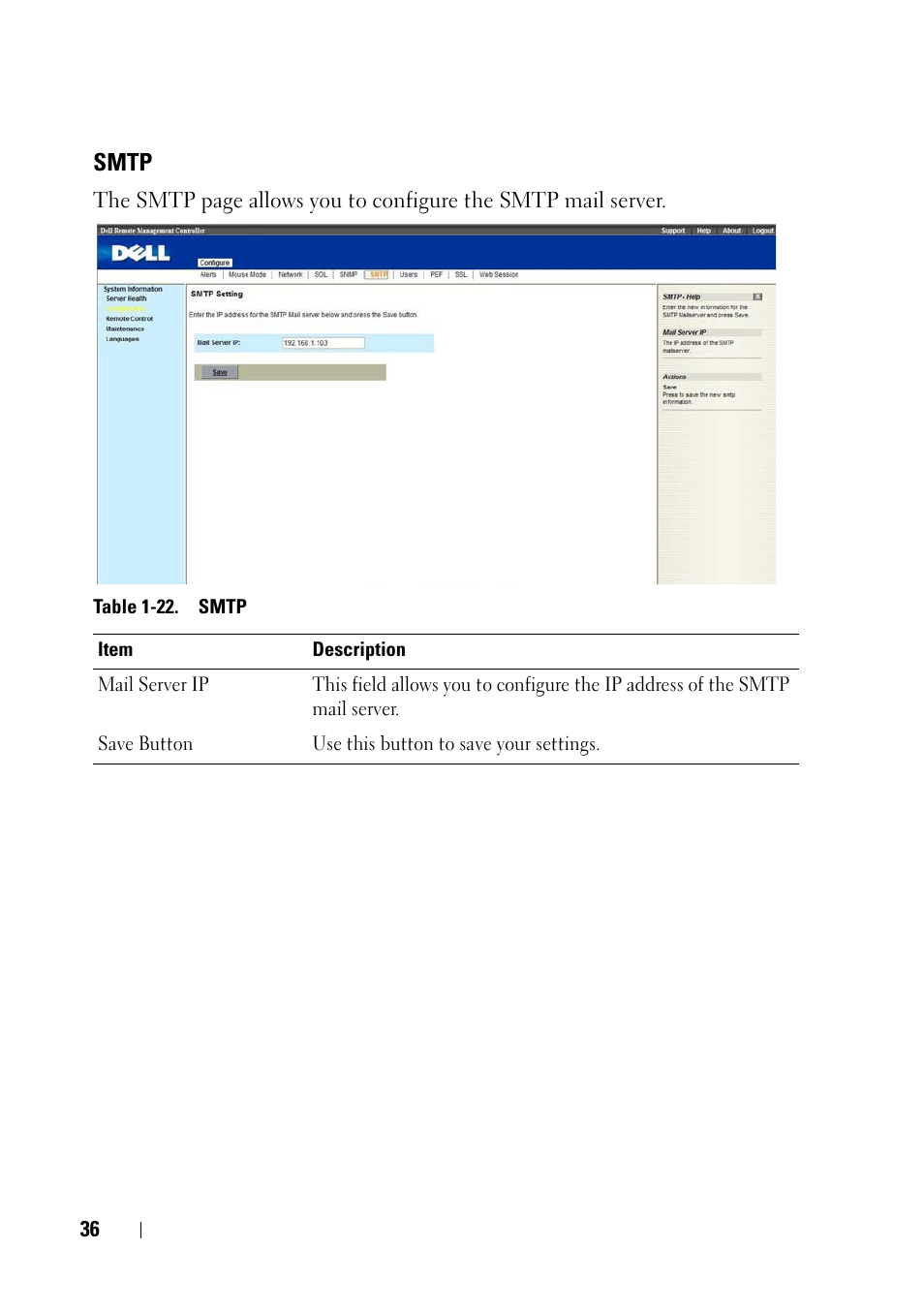 Smtp | Dell PowerEdge C5125 User Manual | Page 36 / 56