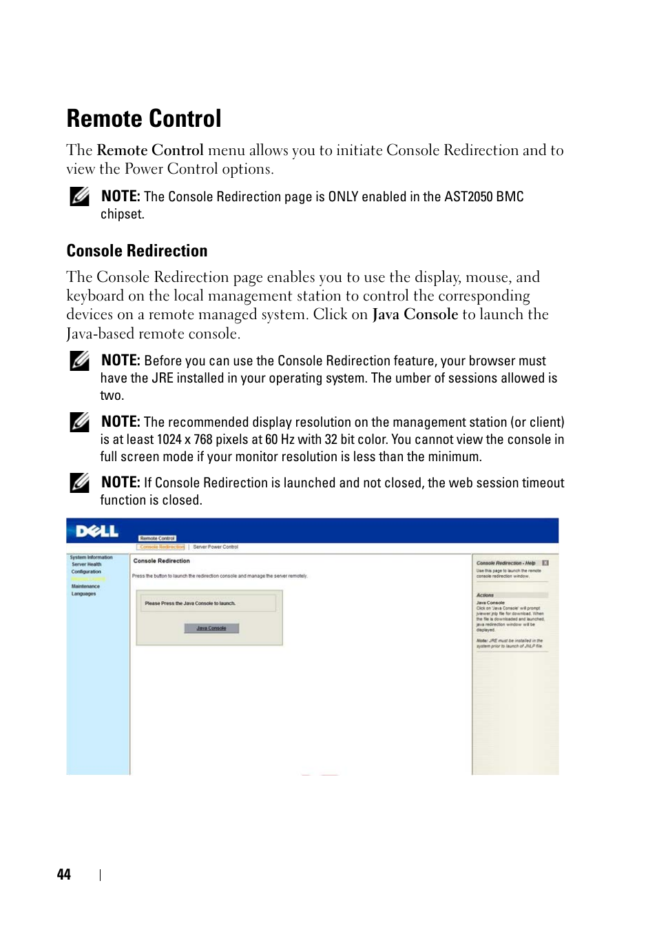 Remote control, Console redirection | Dell PowerEdge C5125 User Manual | Page 44 / 56