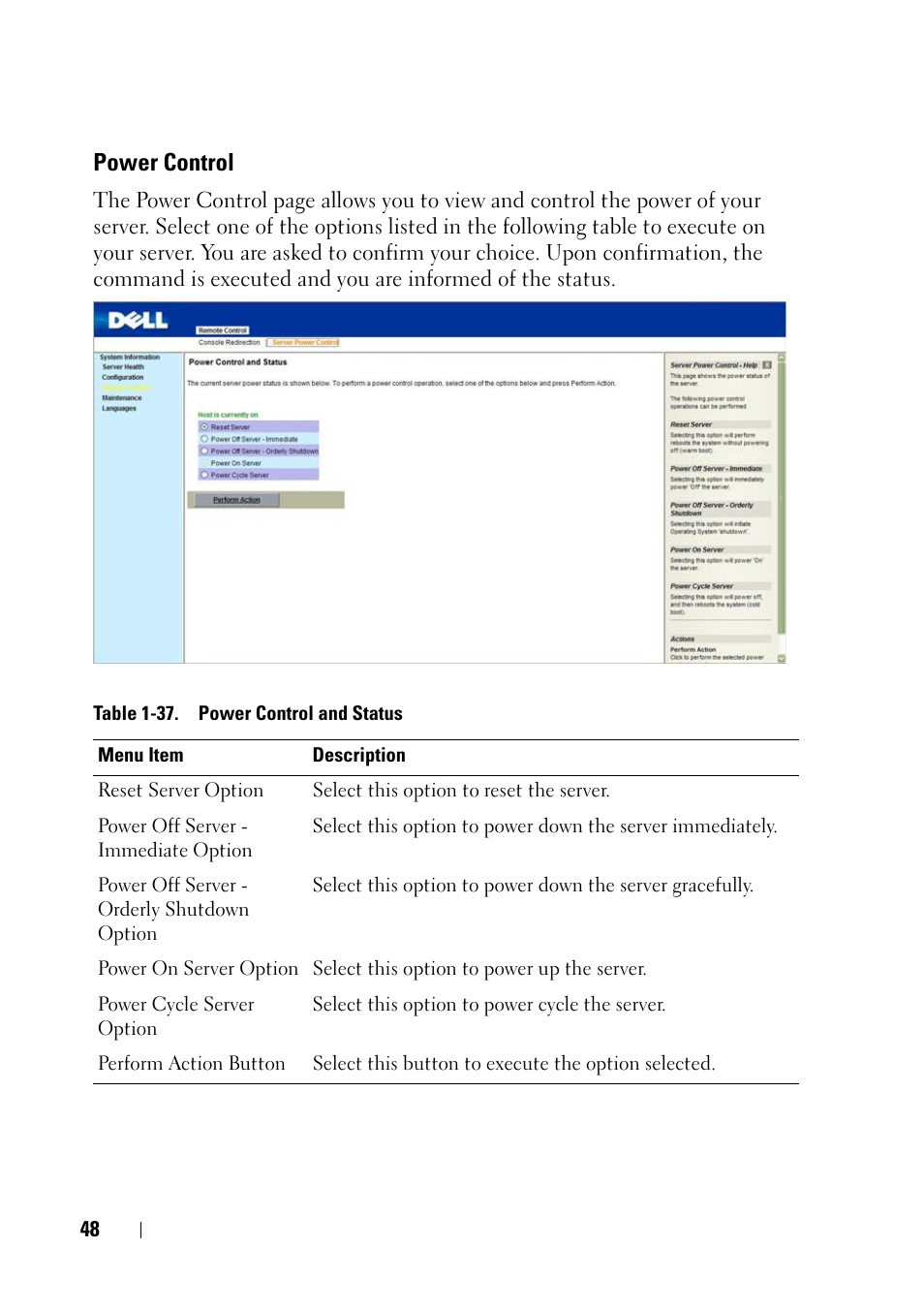 Power control | Dell PowerEdge C5125 User Manual | Page 48 / 56