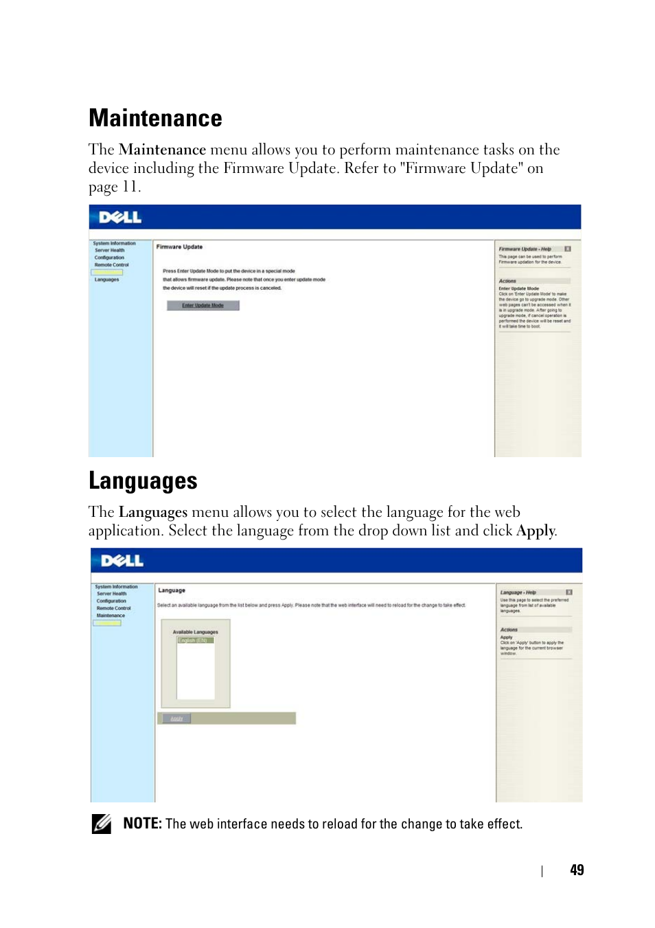 Maintenance, Languages | Dell PowerEdge C5125 User Manual | Page 49 / 56