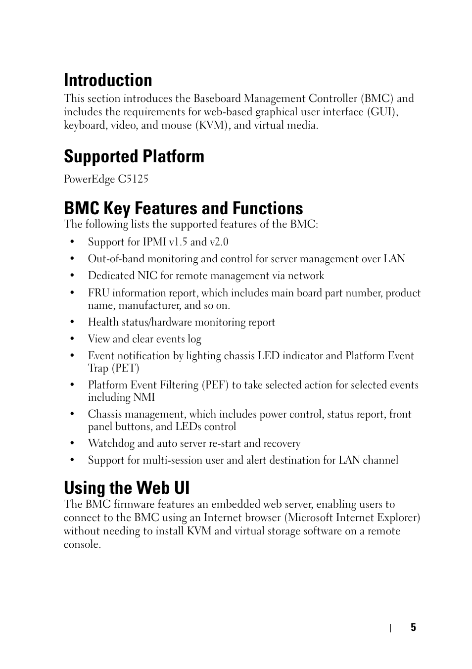 Introduction, Supported platform, Bmc key features and functions | Using the web ui | Dell PowerEdge C5125 User Manual | Page 5 / 56