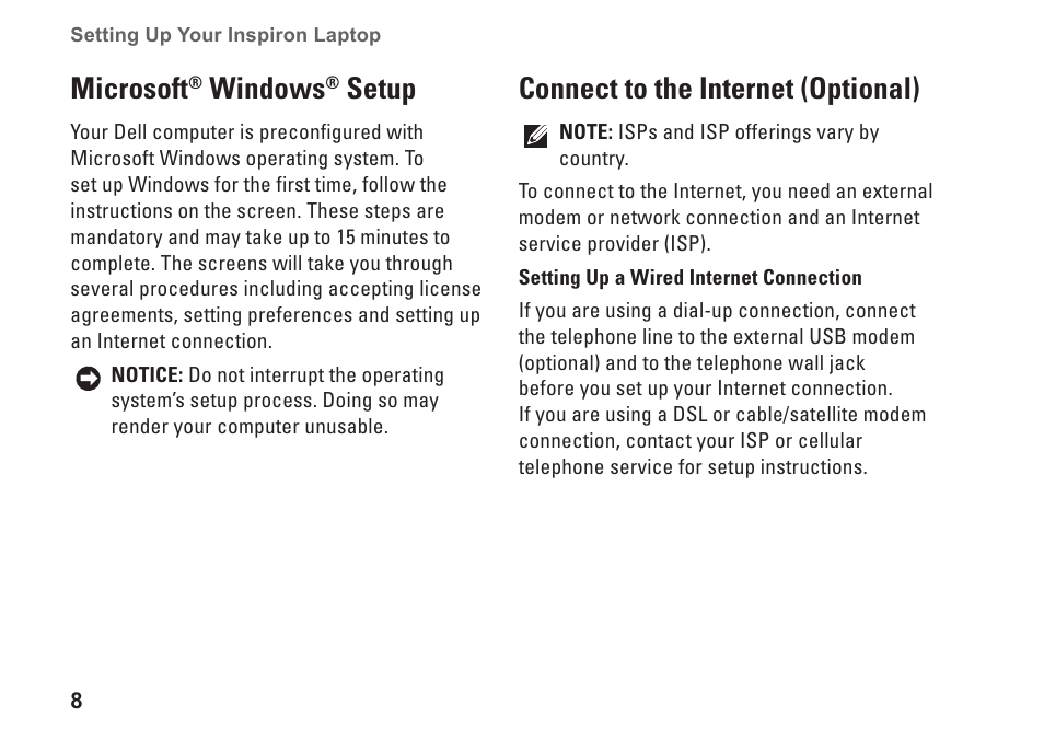 Microsoft® windows® setup, Connect to the internet (optional), Microsoft | Windows, Setup | Dell Inspiron 1525 (Late 2007) User Manual | Page 10 / 80