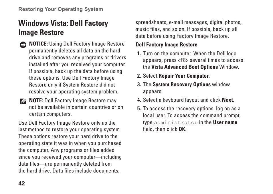 Windows vista: dell factory image restore, Windows vista: dell factory image, Restore | Dell Inspiron 1525 (Late 2007) User Manual | Page 44 / 80