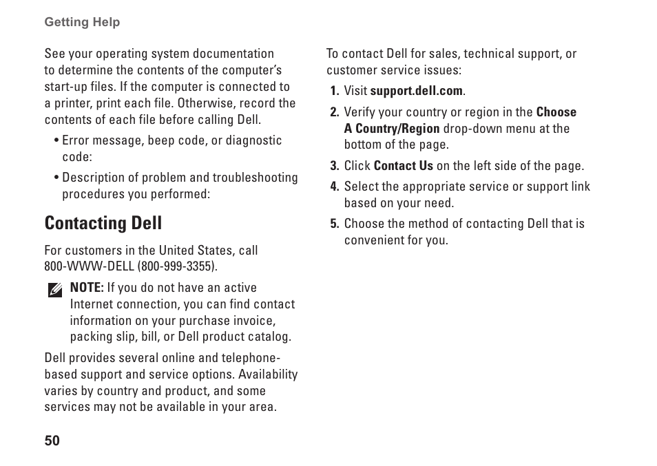 Contacting dell, 50 for assistance | Dell Inspiron 1525 (Late 2007) User Manual | Page 52 / 80